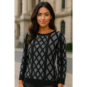 Worthington Diamond Cable Knit Sweater Pullover Black White Geometric Streetwear